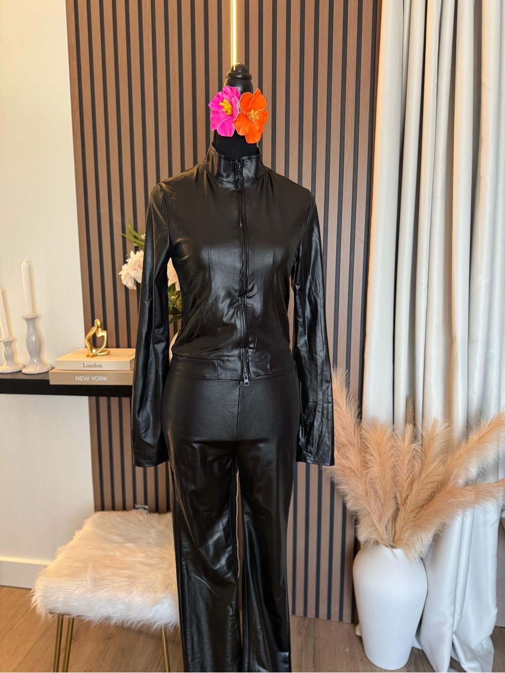 Faux Leather High-Waist Straight Pants Set - Black